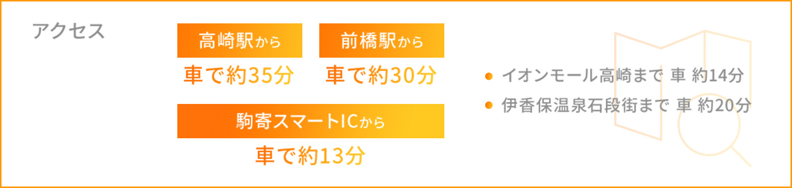 アクセス 高崎駅から車で35分 前橋駅から車で30分 駒寄スマートICから車で約13分 イオンモール高崎まで車で約14分 伊香保温泉石段街まで車で約20分